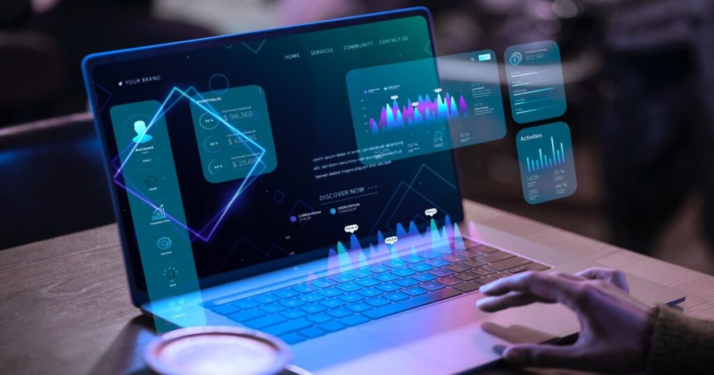 Pantalla de software empresarial con gráficos y datos

