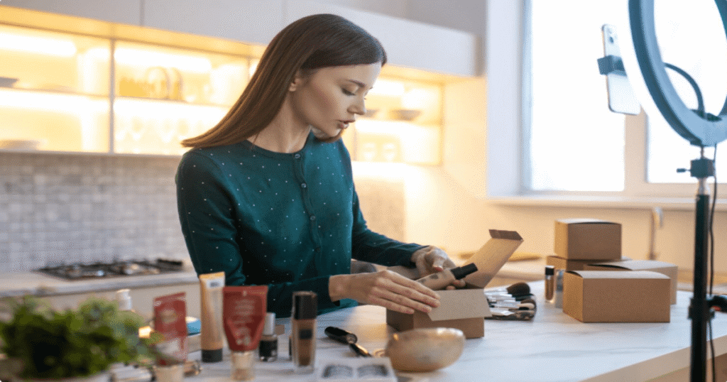 Mujer grabando contenido sobre productos de belleza para redes sociales