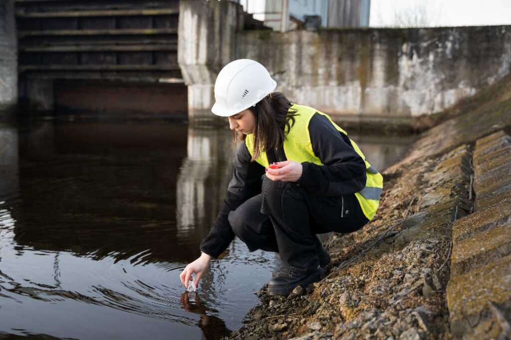 Ingeniera ambiental recolectando muestra de agua para análisis en planta de tratamiento.