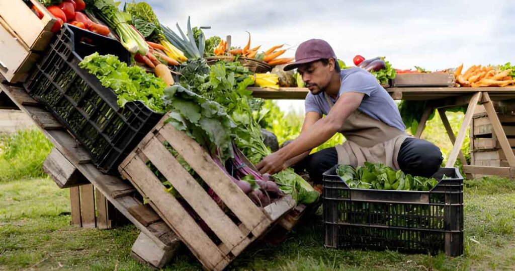 Hombre acomodando vegetales en guacales y cestas