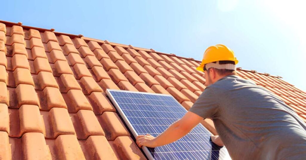 Hombre instalando panel solar en el tejado de una casa