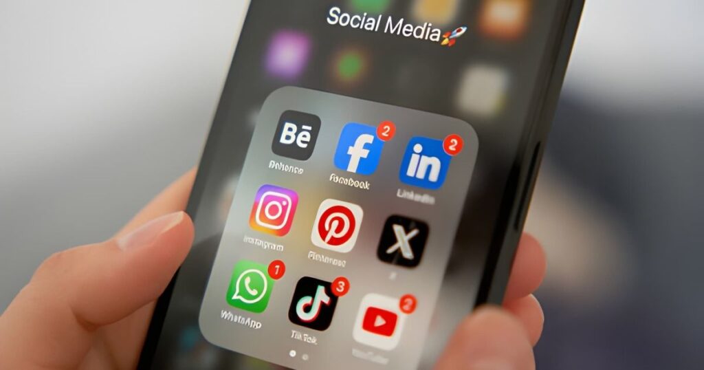 Plano de detalle de pantalla de celular con íconos de redes sociales