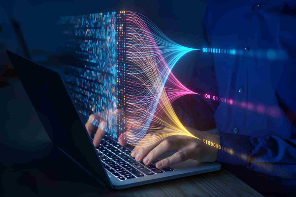 Lenguaje binario y gráficos virtuales coloridos entre persona y laptop