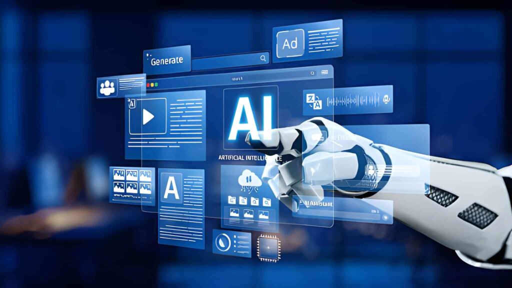 Mano robótica seleccionando ícono de inteligencia artificial en tablero virtual de herramientas digitales