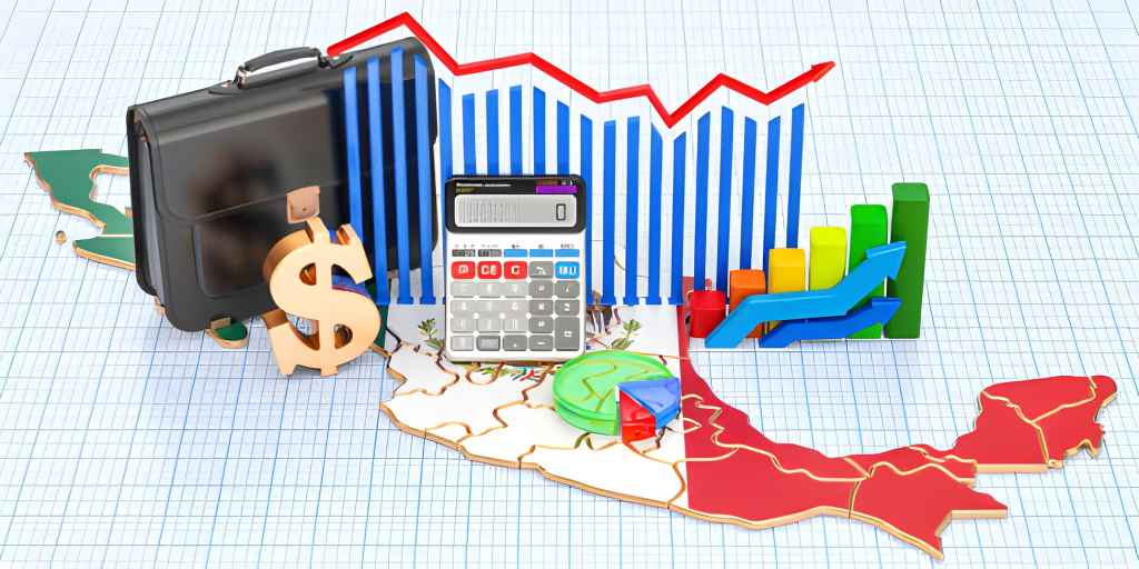 Render de mapa de México con gráficas, portafolios, calculadora y signo de pesos