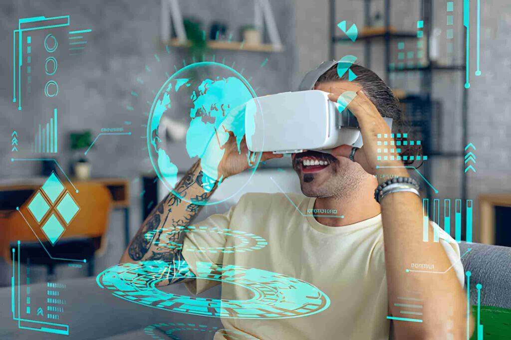 Persona con visor de realidad virtual y gráficos digitales del mundo y otros elementos al frente