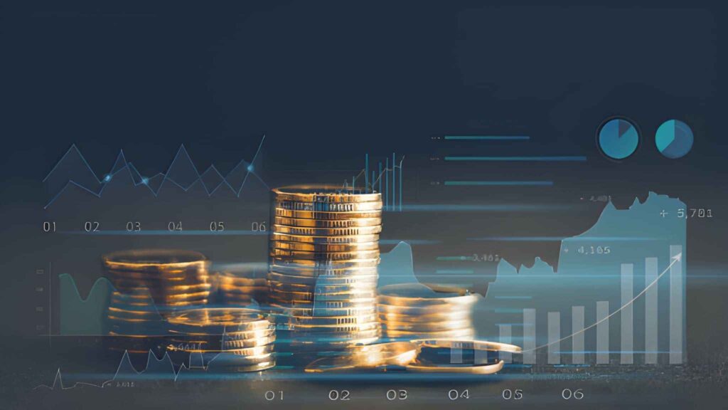 Pilas de monedas doradas en medio de diversas gráficas virtuales 