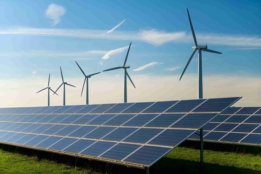  Aerogeneradores y paneles solares sobre pasto en un día con cielo azul y nubes
