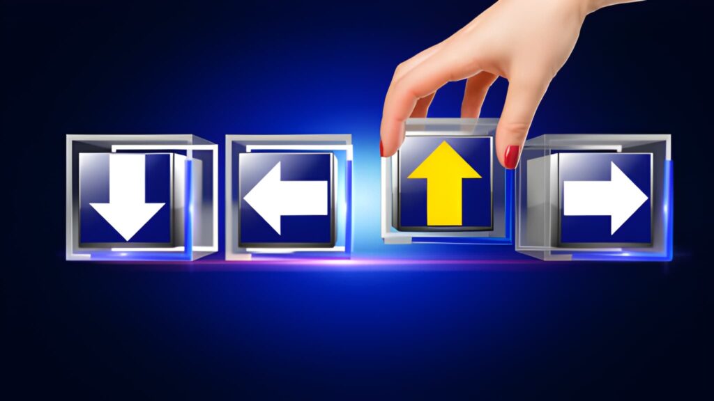 Cubos con flechas en diferentes direcciones y mano de mujer sujetando uno con flecha amarilla