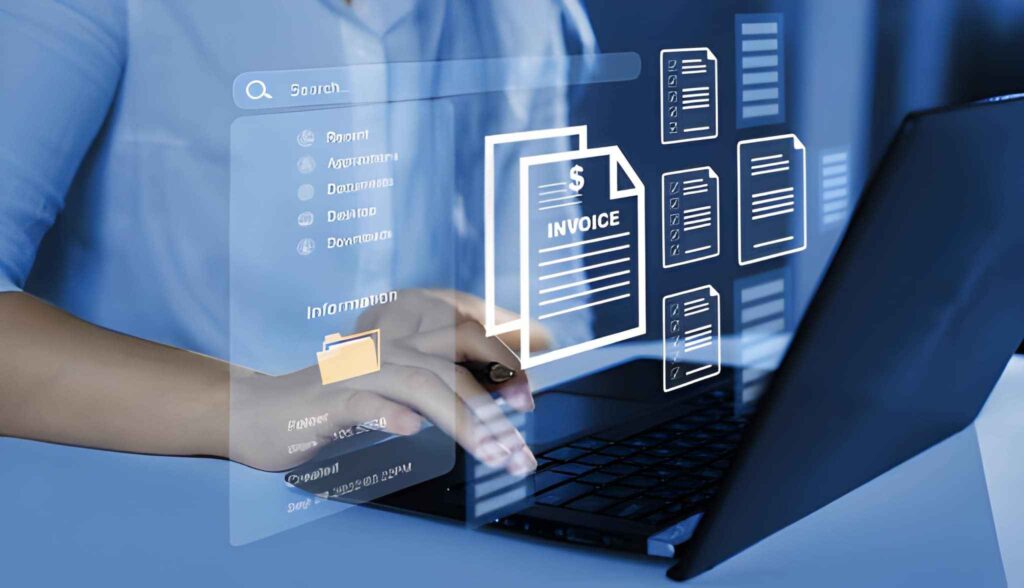 Interfaz de computadora, facturas y documentos virtuales entre persona y laptop  
