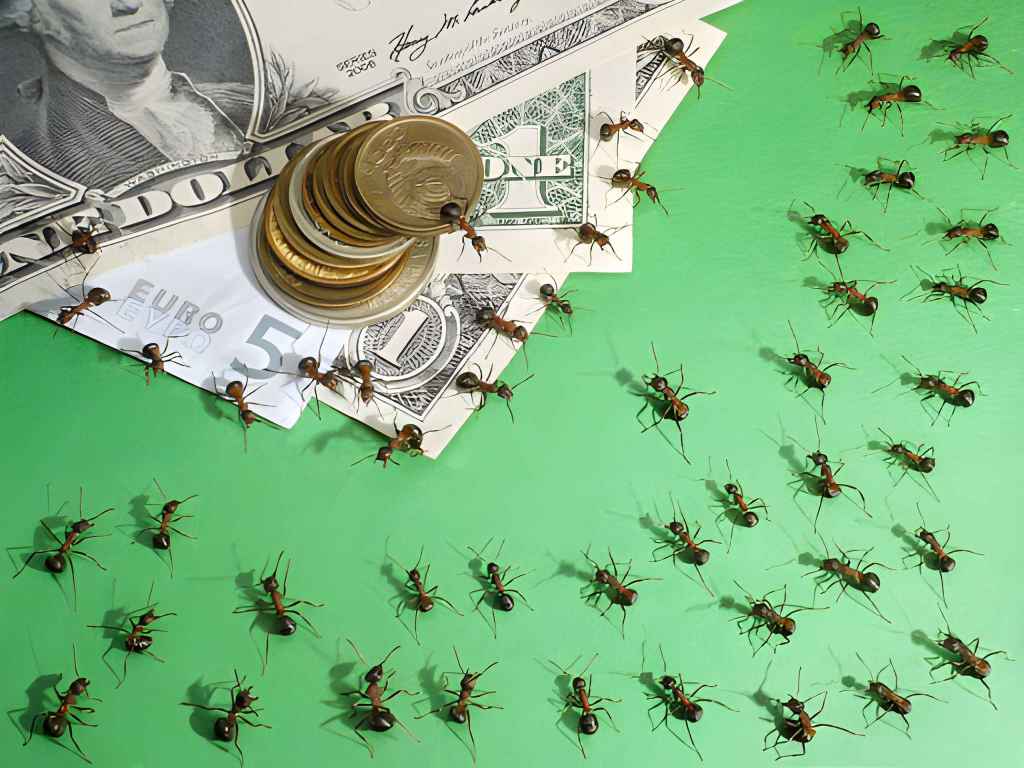 Grupo de hormigas sobre y cerca de monedas y billetes - Cuesta de enero 2026