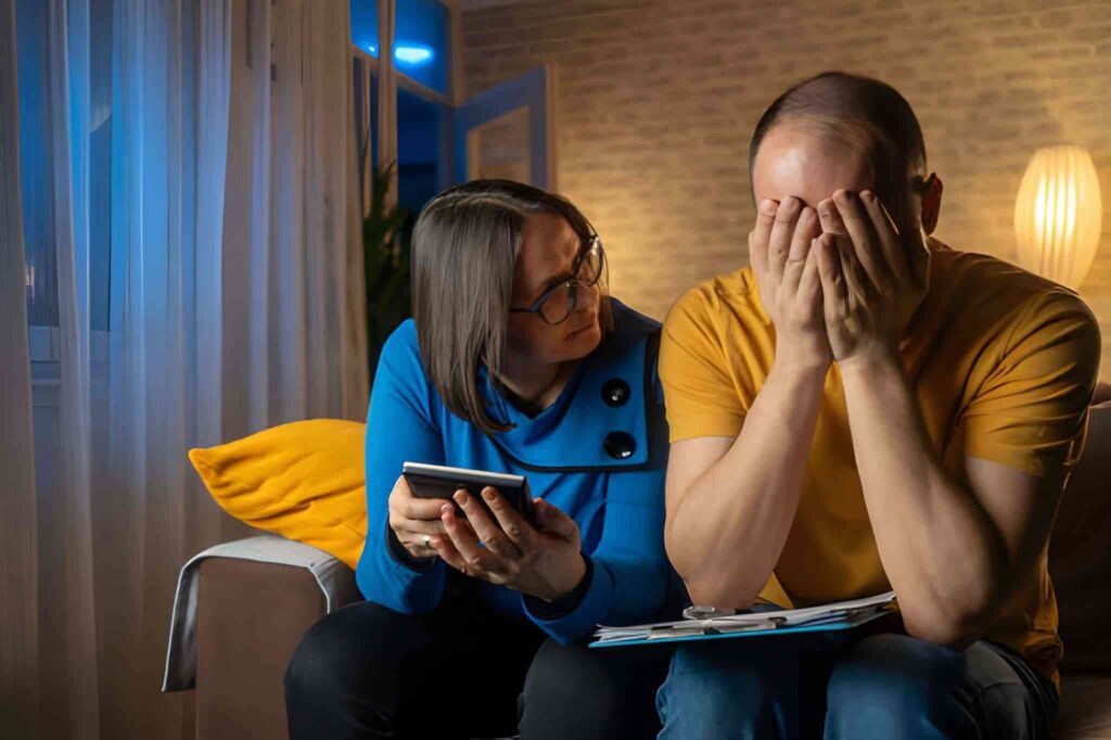 Pareja sentada en casa, visiblemente preocupada por la cuesta de enero