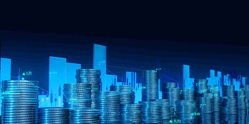 Varias pilas de monedas frente a gráficas de barras