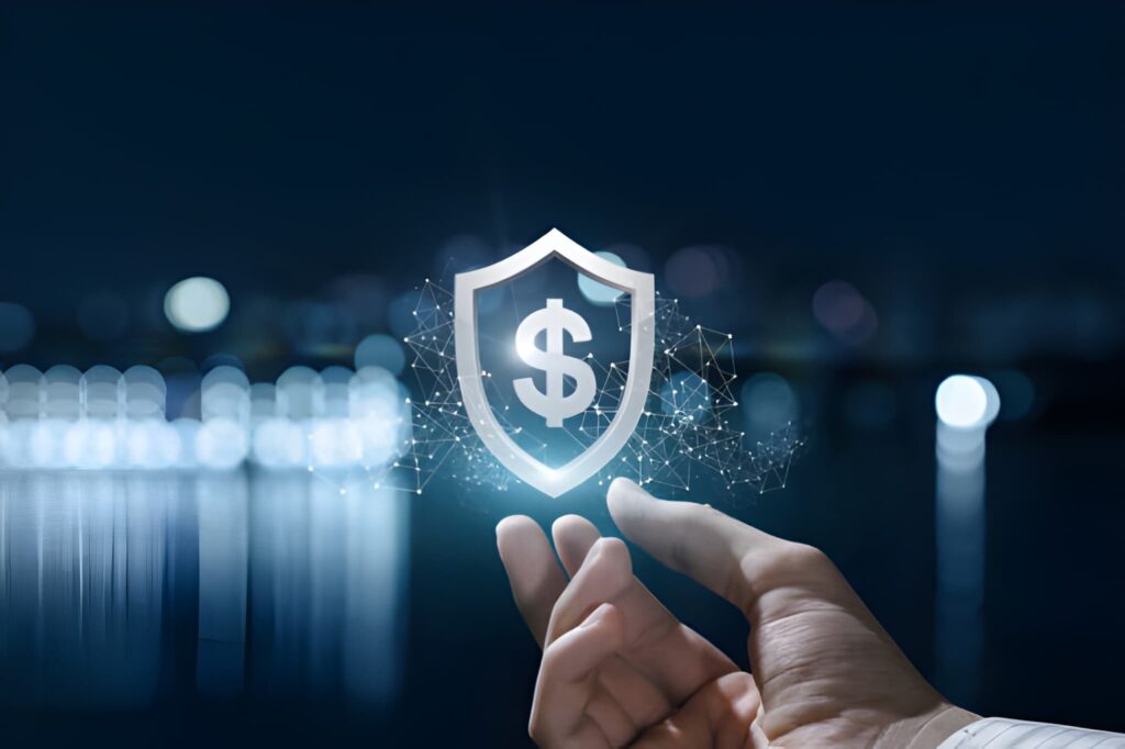 Escudo virtual con signo monetario dentro y numerosos puntos conectados alrededor
