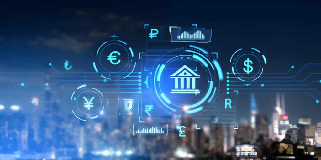 Holograma de monedas digitales del banco central con iconos brillantes y placas de circuito