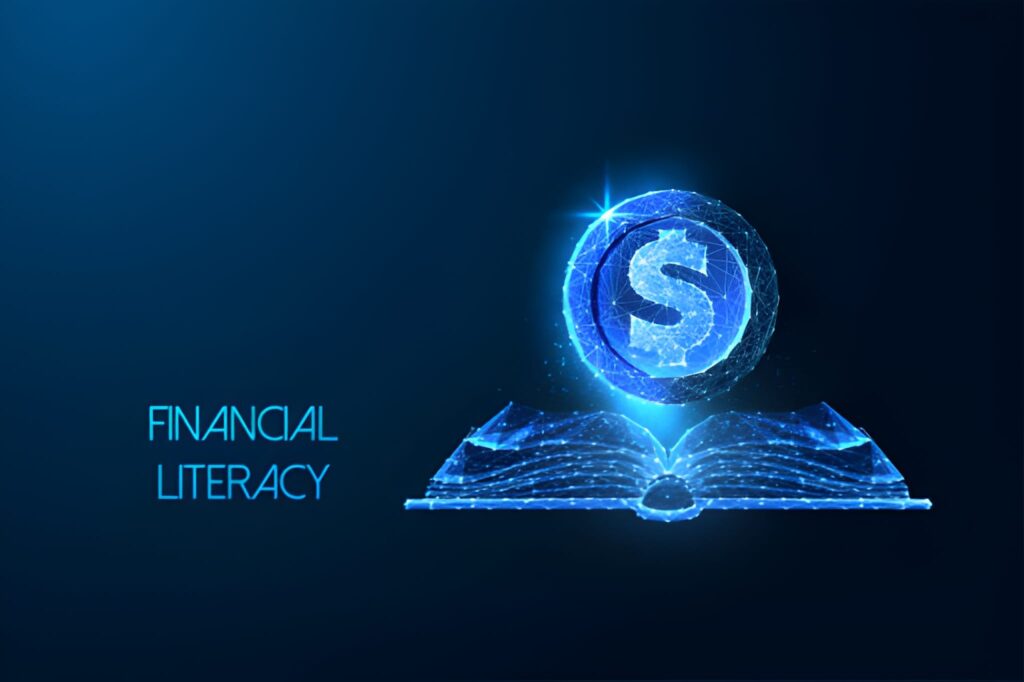 Holograma de signo monetario sobre libro virtual de educación financiera