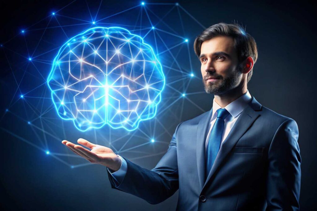 Hombre de traje señalando un cerebro virtual