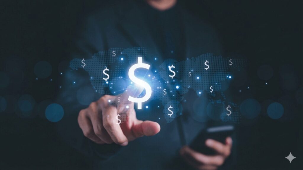 Mano señalando signos de pesos