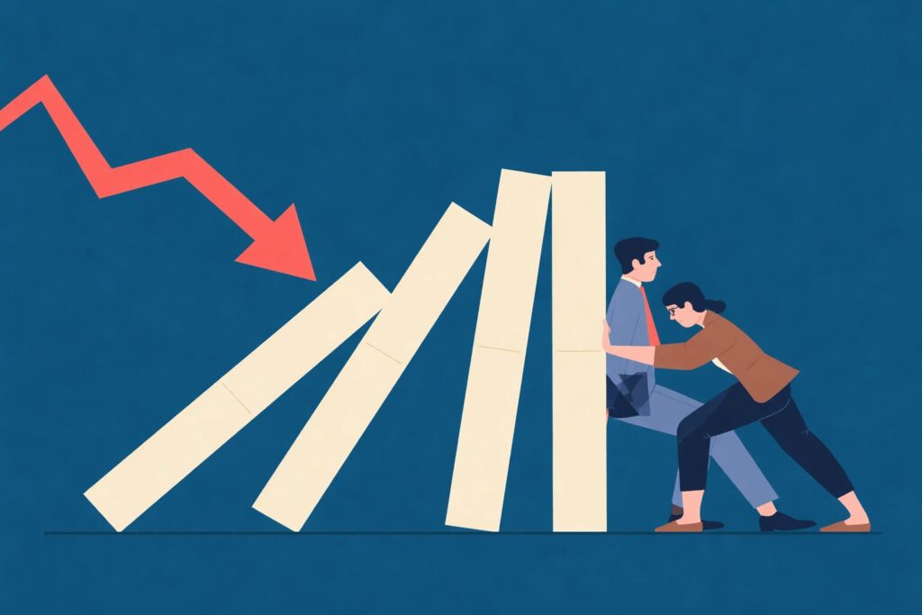 Caricatura de hombre y mujer deteniendo con esfuerzo el efecto dominó de una crisis empresarial