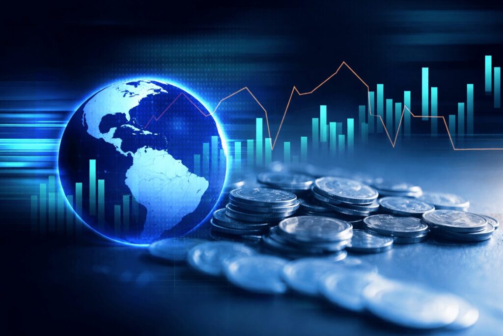 Monedas junto a planeta Tierra y gráficos virtuales