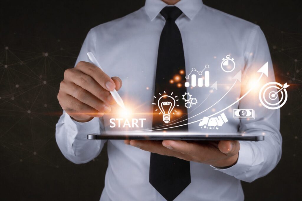 Persona con tableta e íconos tecnológicos - Emprendimiento escalable 