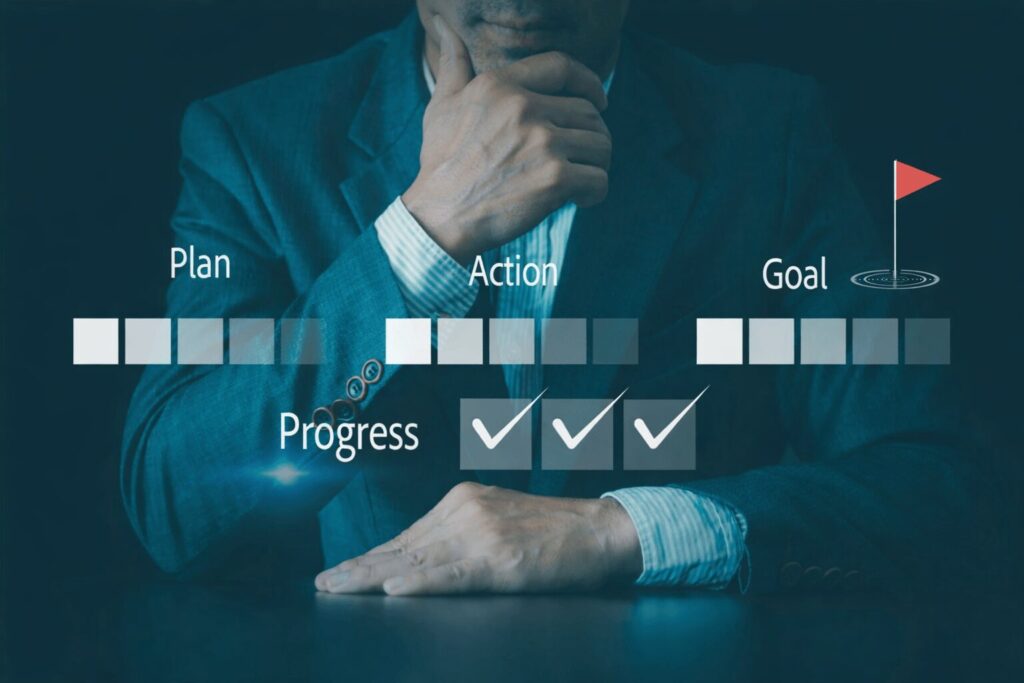 Concepto de progreso empresarial con plan, acción y meta frente a persona analizando 

