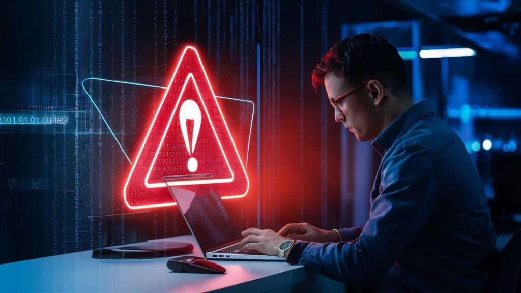 Símbolo de error virtual entre persona y laptop