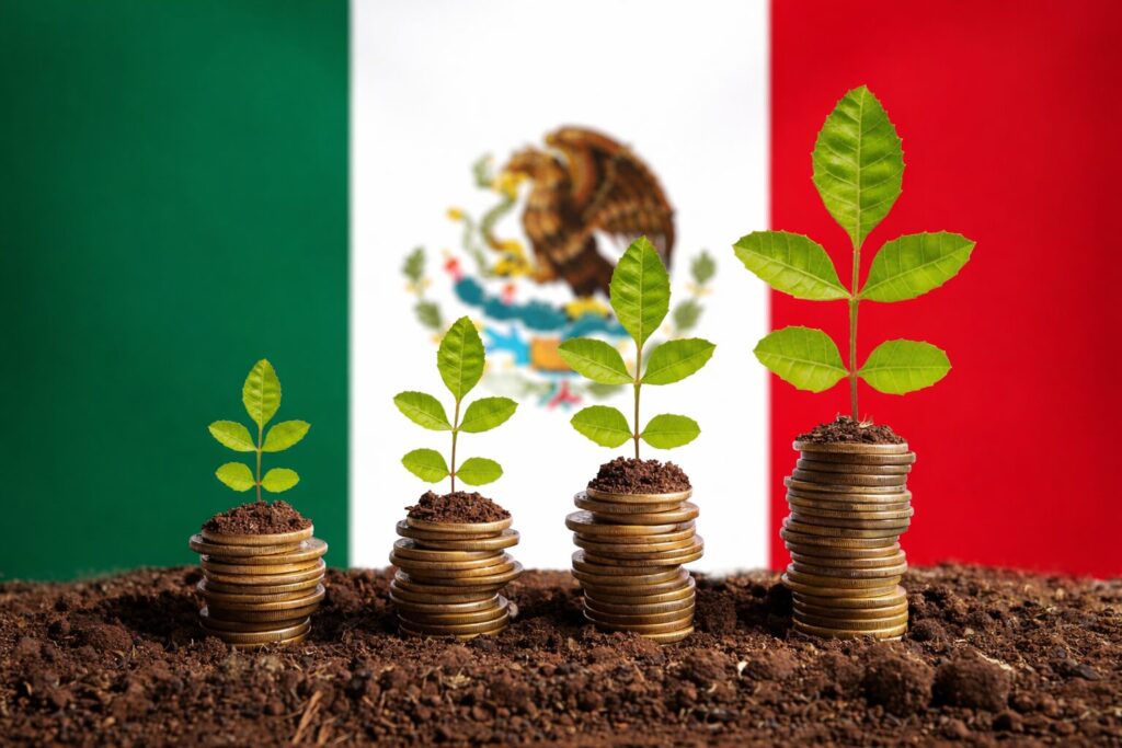 Pilas de monedas ascendentes con pequeñas plantas encima sobre tierra y frente a una bandera de México