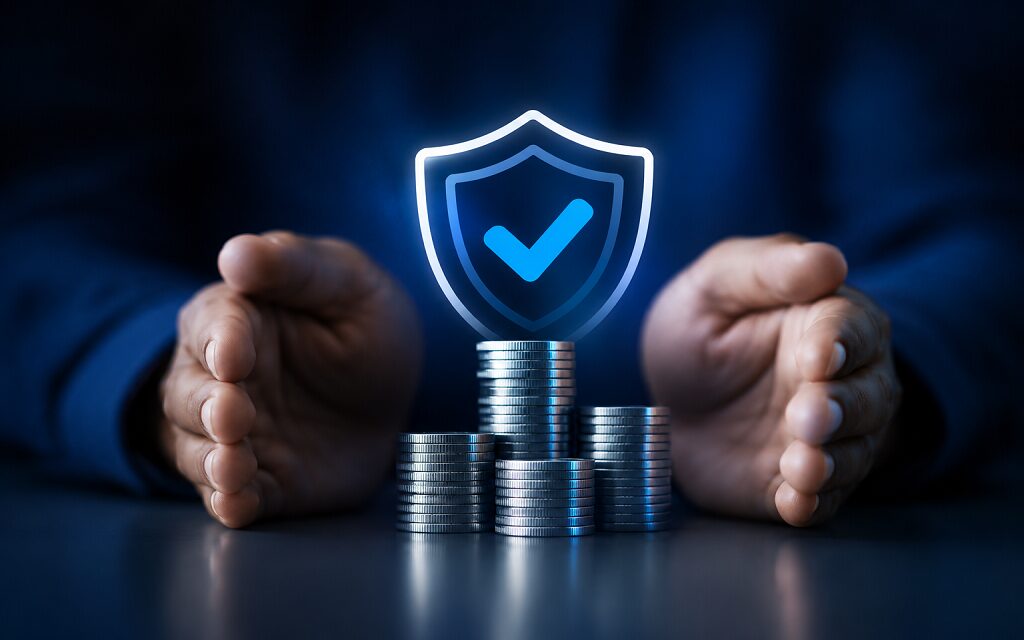 Manos protegiendo pilas de monedas con un ícono digital de escudo azul, representando seguridad financiera y capitalización sin deuda
