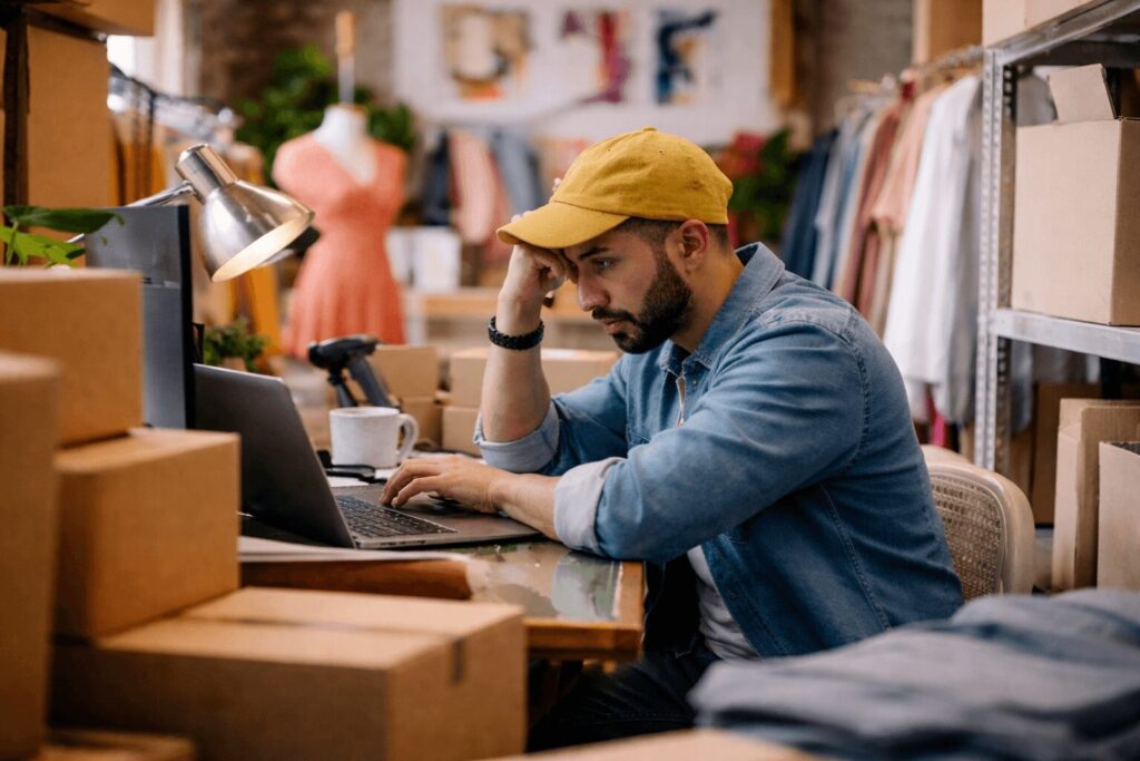 Diseñador de modas con gorra preocupado frente a laptop en una boutique