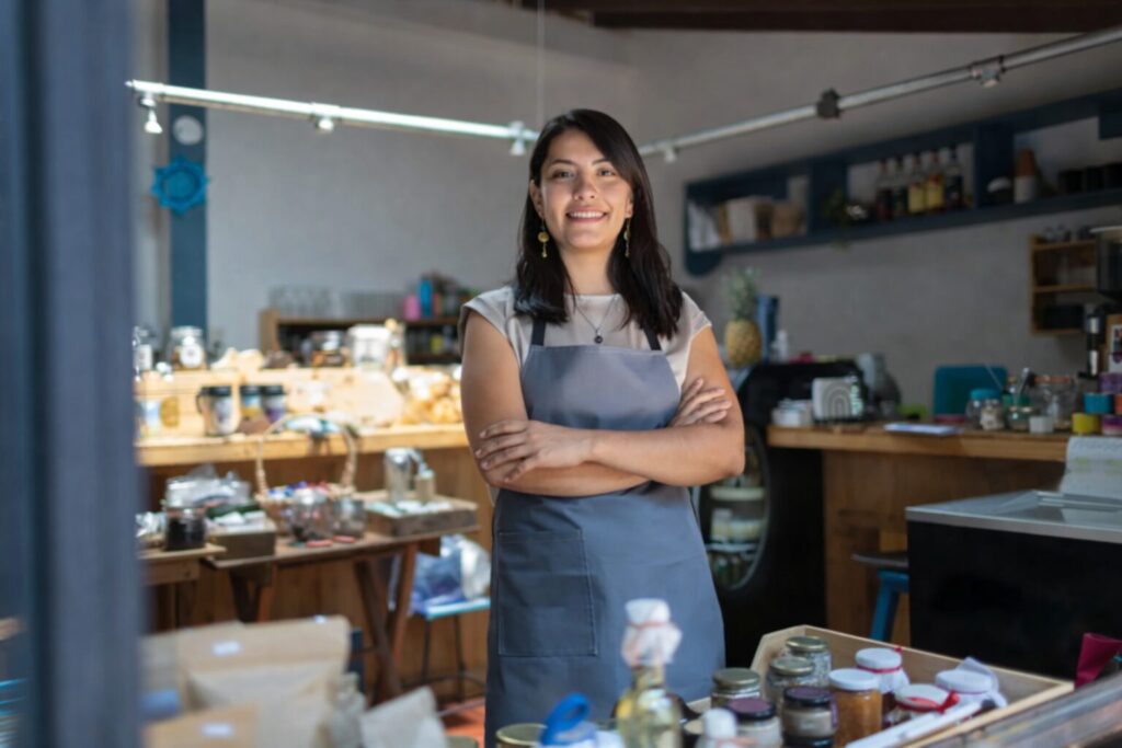 Mujer joven sonriendo al frente de su negocio de cafetería 
