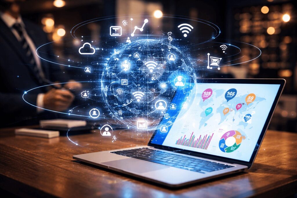 Laptop y holograma de íconos tecnológicos y financieros dentro de una oficina