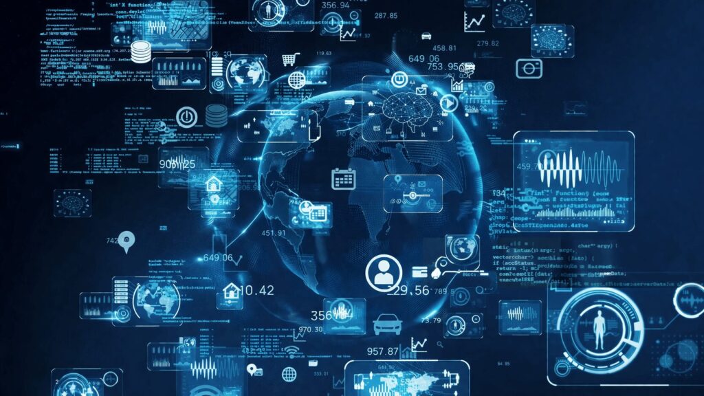 Panel de control virtual y empresarial con íconos, gráficos y datos