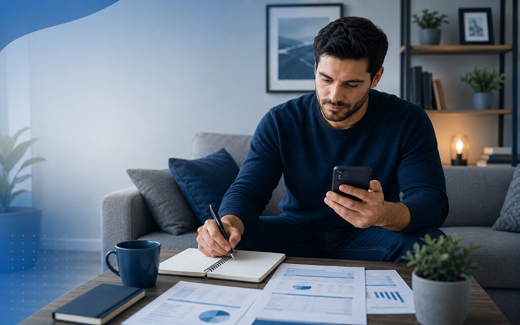 hombre revisando sus finanzas personales desde la sala de su casa con celular y libreta de apuntes