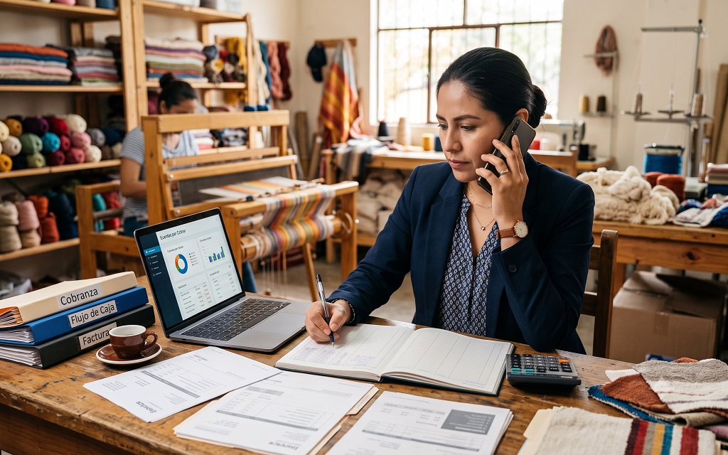Una empresaria en su oficina revisando facturas y flujo de caja en su laptop mientras realiza una llamada telefónica como ejemplo de como cobrar a tiempo en un negocio