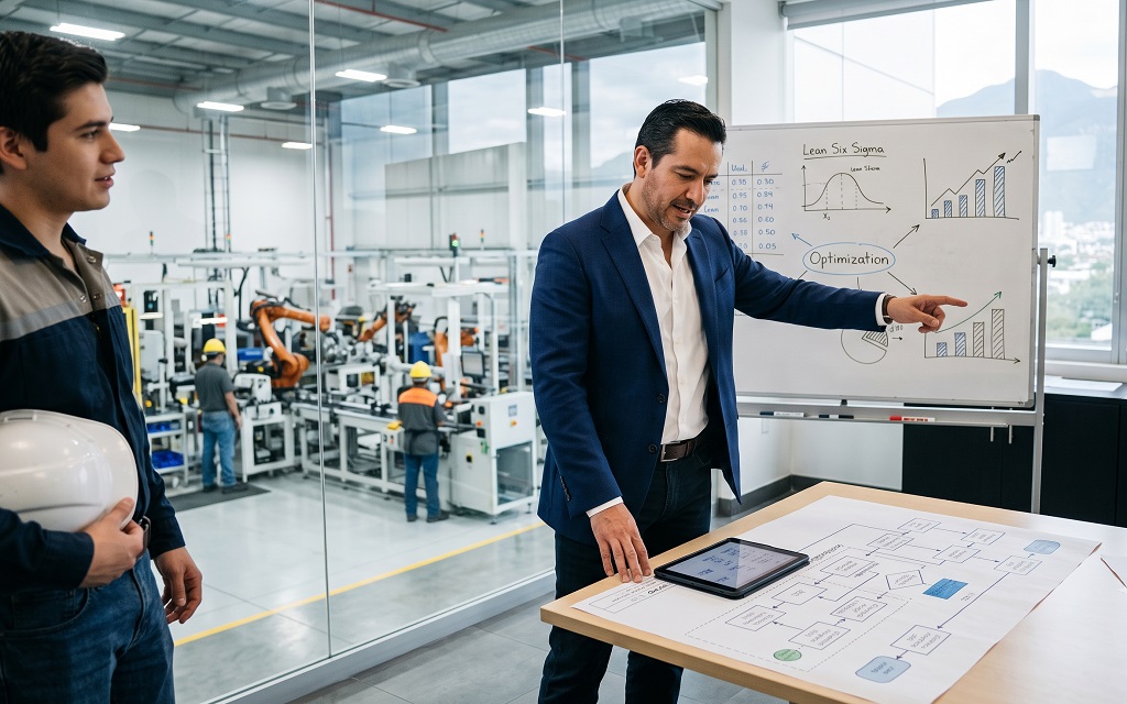 Profesional aplicando principios de ingeniería industrial y negocios frente a una pizarra
