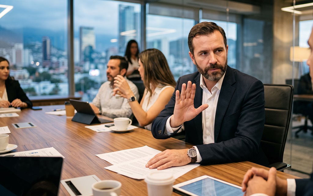 Un empresario con barba y traje oscuro levanta la mano en un gesto firme de 'no' durante una reunión en una sala de juntas moderna, ejemplificando cómo los líderes aprenden a decir no para mantener el enfoque estratégico.