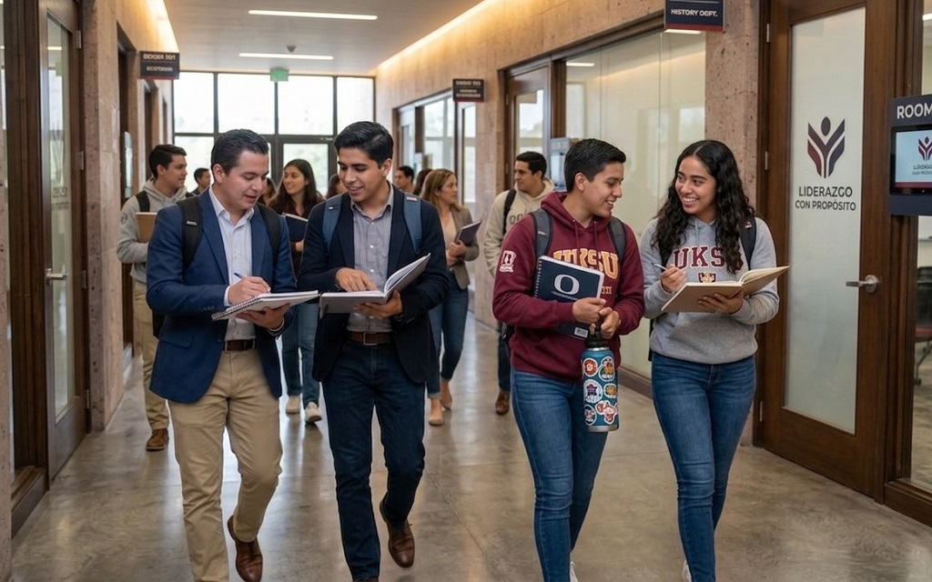 Estudiantes conversando y caminando por el pasillo de un campus universitario, reflejando la visión de la Universidad Panamericana y el liderazgo en la formación profesional.