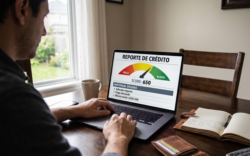 Hombre revisando su reporte de buró de crédito México en una laptop con score 650.
