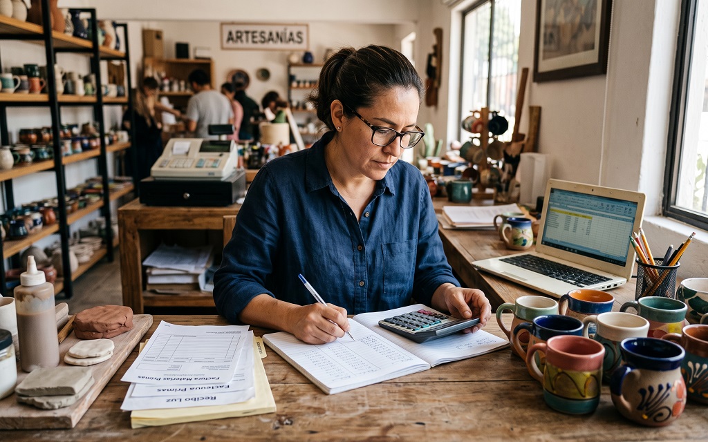 Mujer en tienda de artesanías usando calculadora, planeando como calcular precio de venta de tazas.