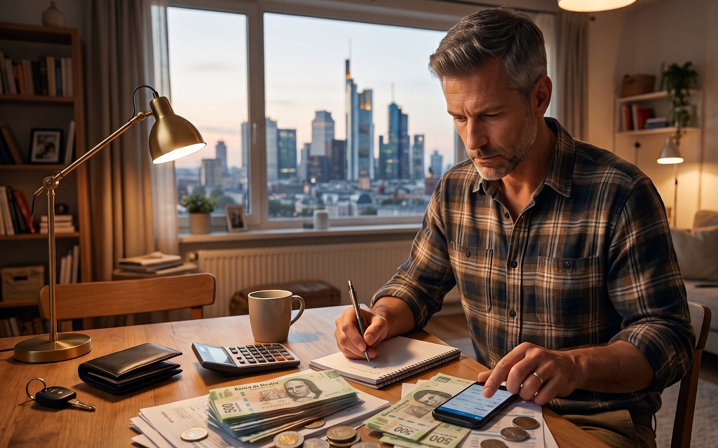 Hombre calculando finanzas con dinero y tarjeta para aprender cómo salir de deudas.