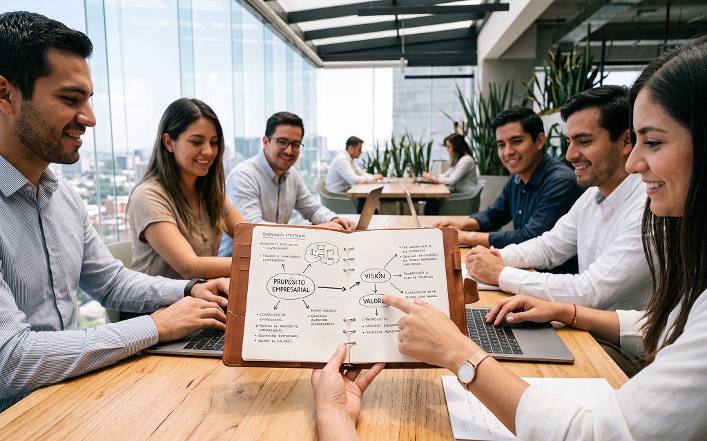 Equipo de profesionales colaborando en una estrategia con claro propósito empresarial.