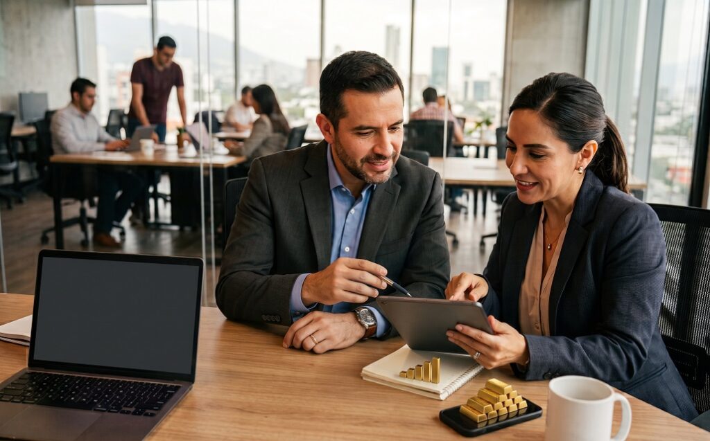 Empresarios analizan qué es invertir mediante gráficos de crecimiento patrimonial en su tablet.
