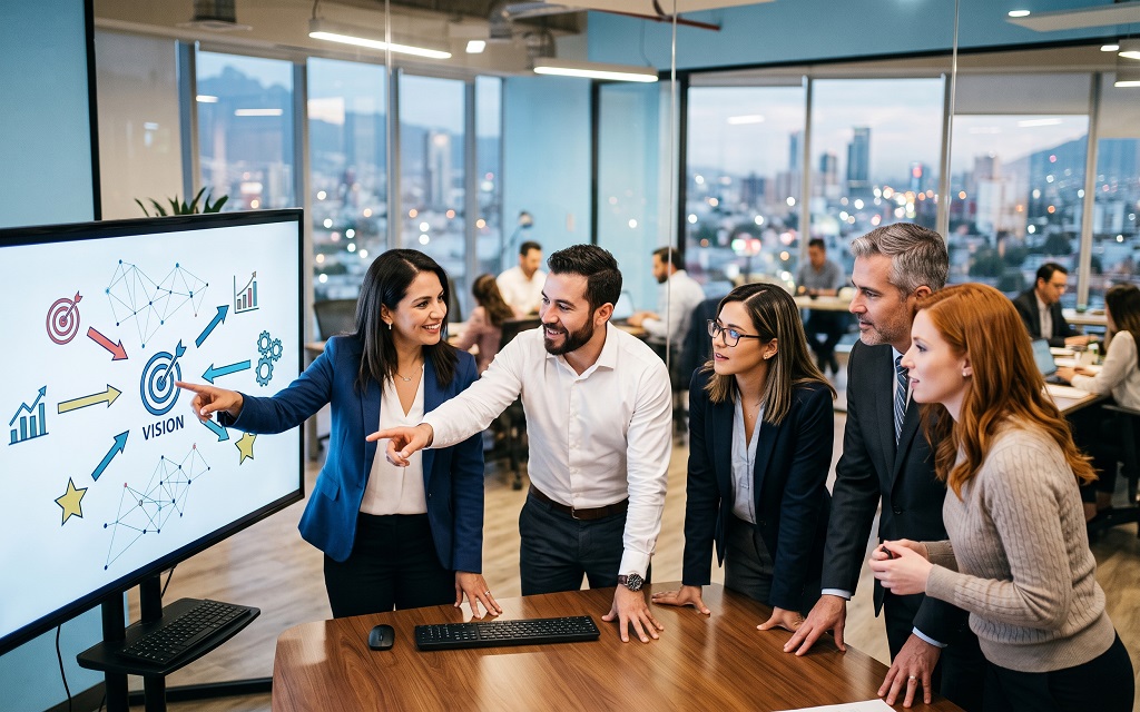 Profesionales colaborando frente a una pantalla con gráficos para alinear equipo con visión de empresa.