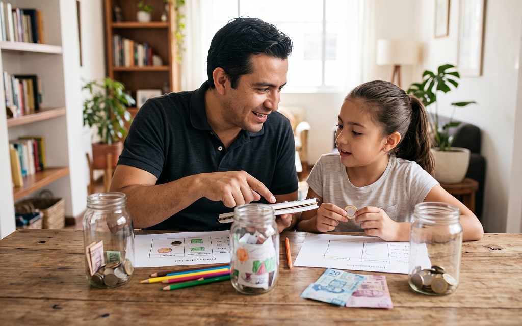 Padre e hija practicando educación financiera para hijos con alcancías y billetes en casa.