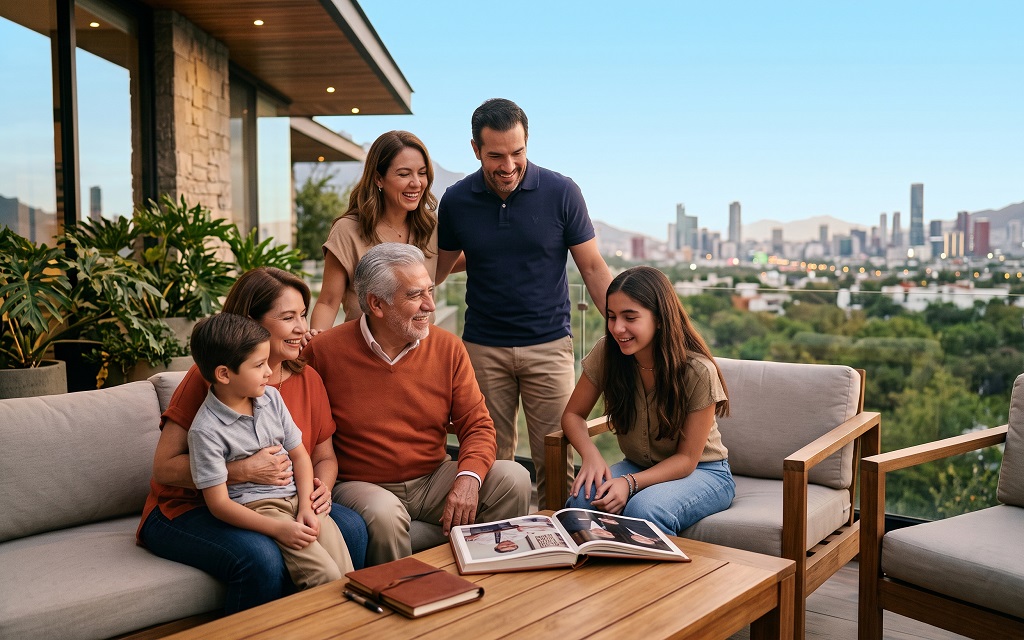 Familia unida en terraza recordando a Ernesto Reséndiz su legado familiar.