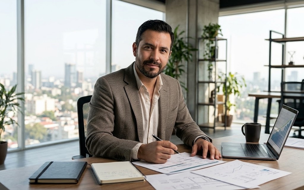 Empresario en su oficina analizando un plan financiero personal con tranquilidad y control.